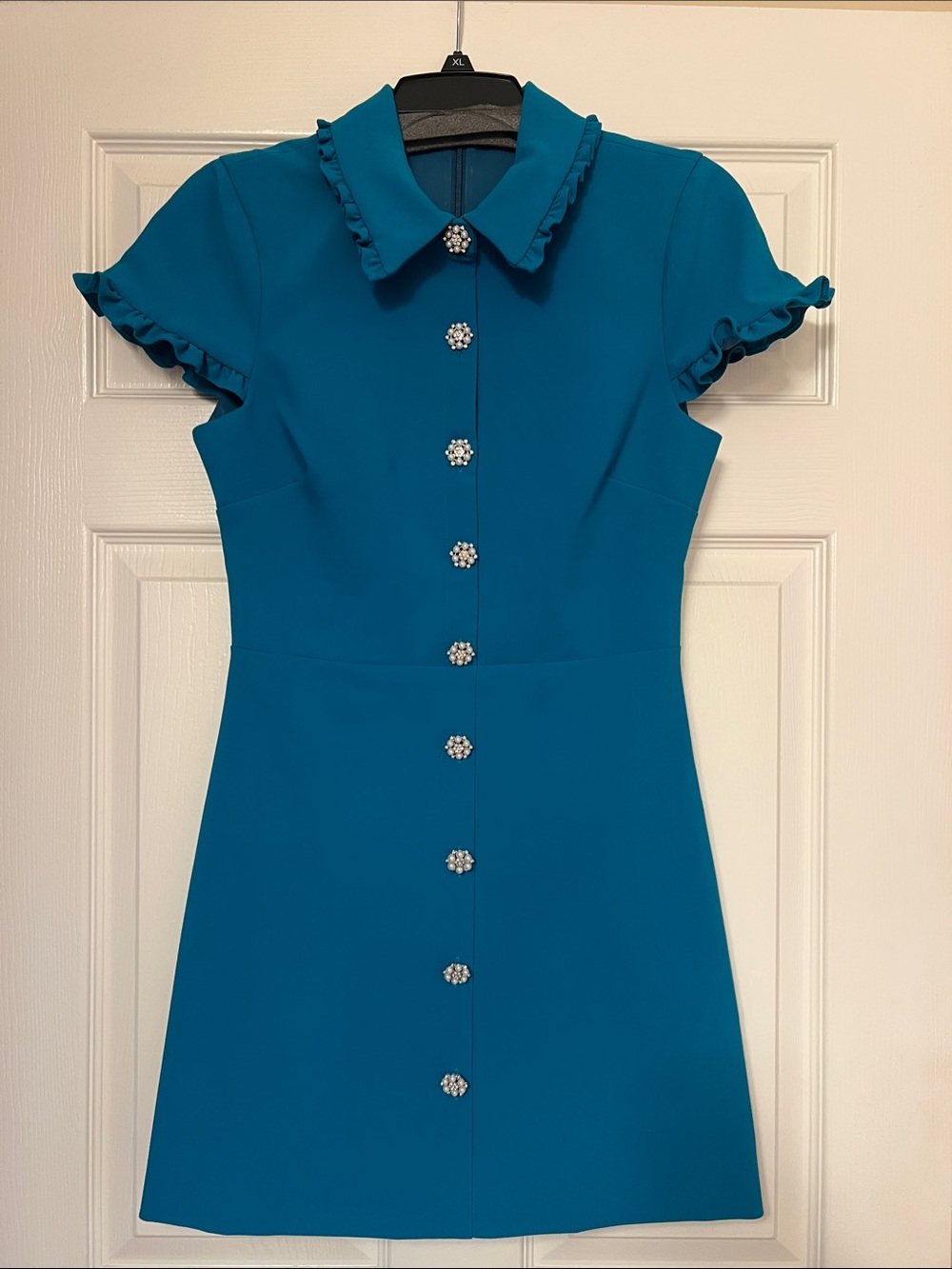 Likely Teal Ruffle-Sleeve Button Mini Dress
